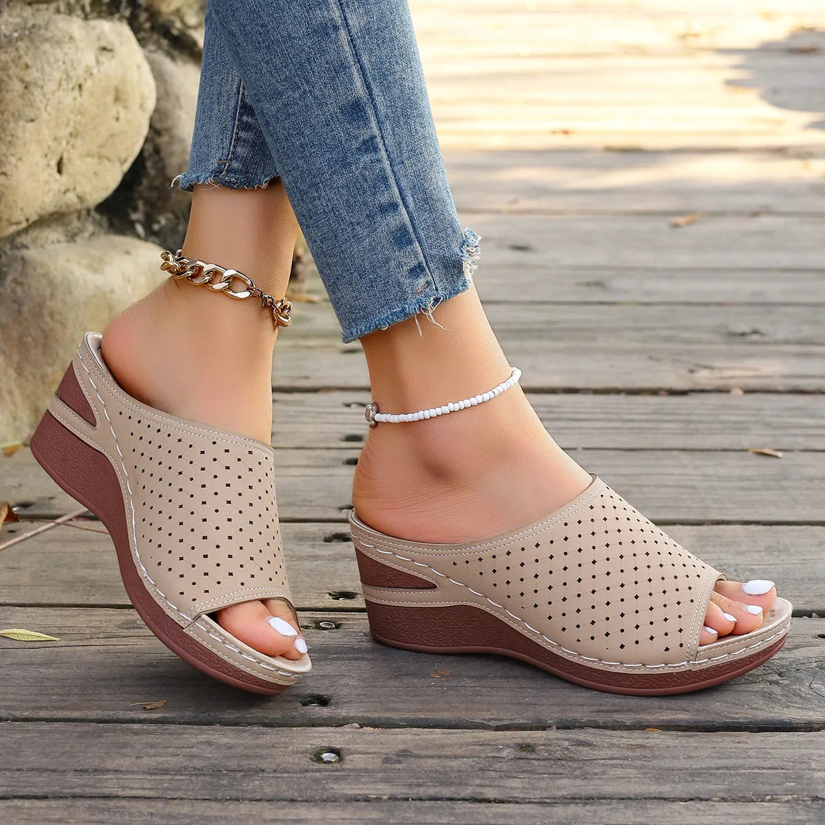 Sandals For Women 2025 Summer Dressy Women Shoes Thick Soled Wedge Sandals Fashionable One Foot Bohemian Beach Sandales Femmes