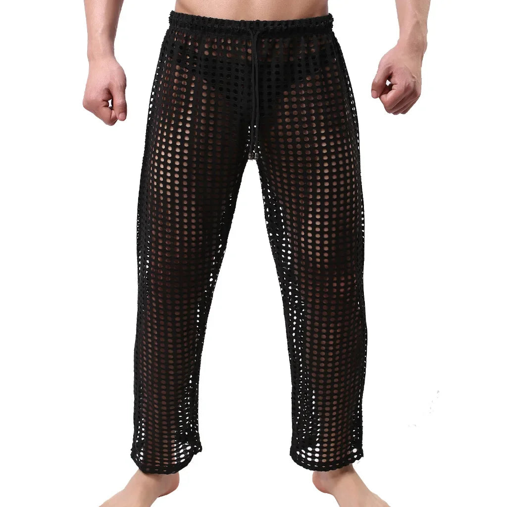 Mens Pajamas Sexy Mesh See Through Long Pants Sleepwear Fishnet Hollow Out Fitness Trousers Sleep Bottoms Sexy Underwear