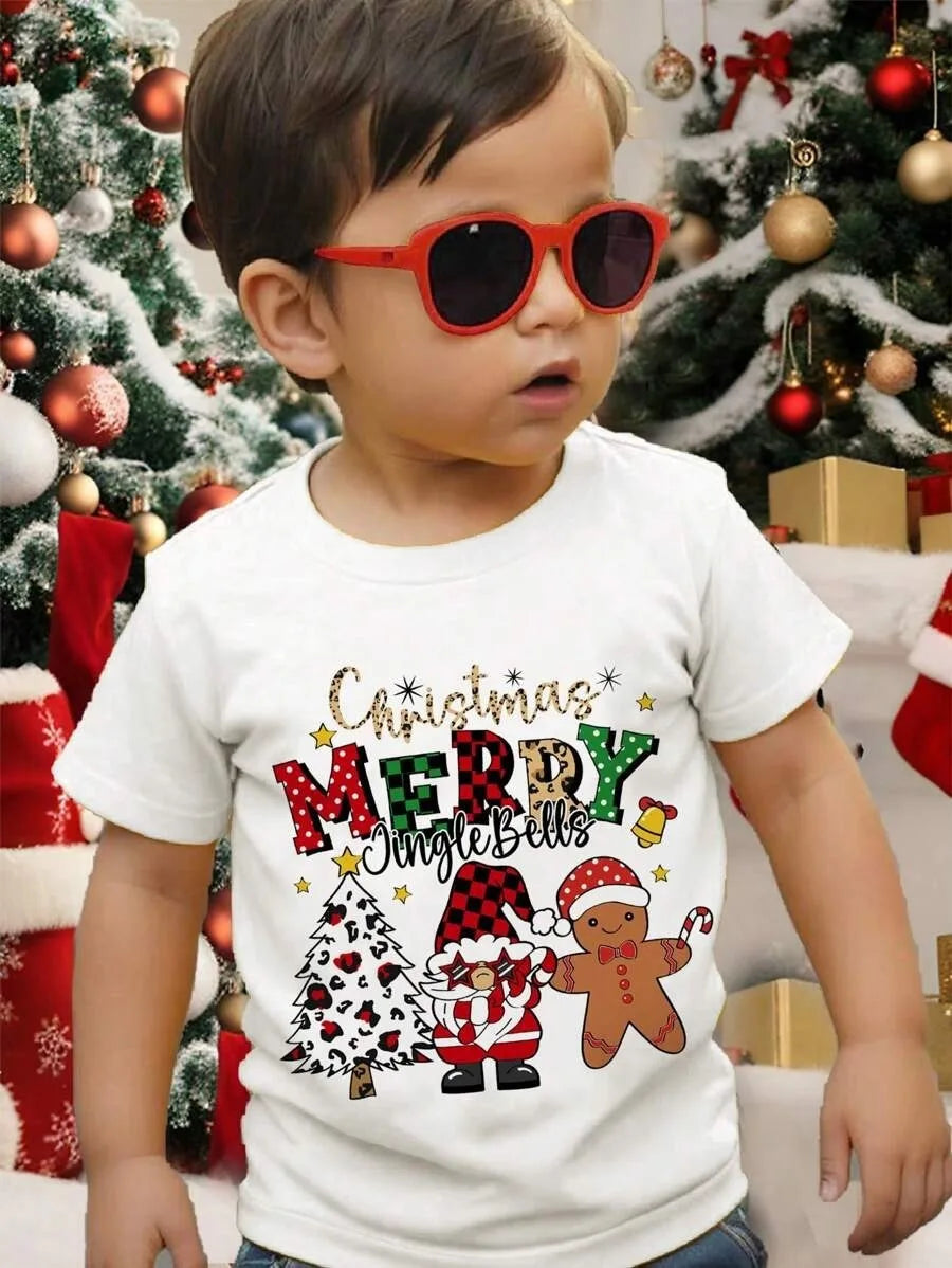 New Boys' T-shirts, Spring and Autumn Children's Colorful Christmas Printed Tops, Baby Base Shirts, Short-sleeved T-shirts