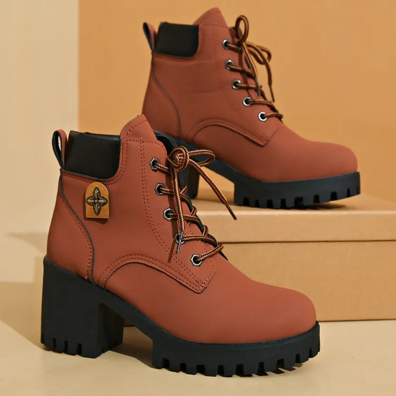 New Fashion Platform Boots for Women Retro Round Toe Coarse Heeled Ankle Boots Autumn High Heel Shoes for Women Botas Para Mujer