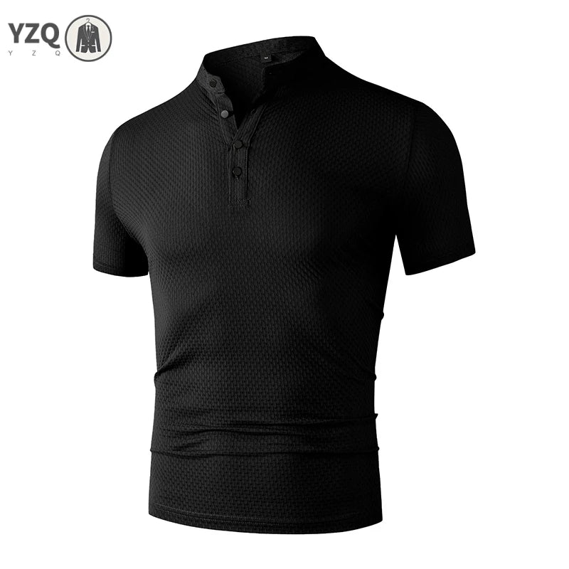 Men's Business Casual Short Sleeve POLO Shirt Bone Flower Solid Color Breathable Comfortable Fashion Summer Versatile Top