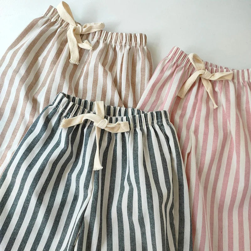 Linen Cotton Stripe Pants for Boys Girls Summer Autumn Casual Loose Kids Children's Trousers