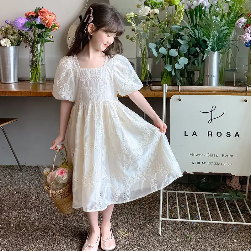 Kids Dresses Teenage White Wedding Party Lace Girl Dress Puff Sleeve Children Carnival Spring Autumn 4 6 7 9 10 12 Years Clothes