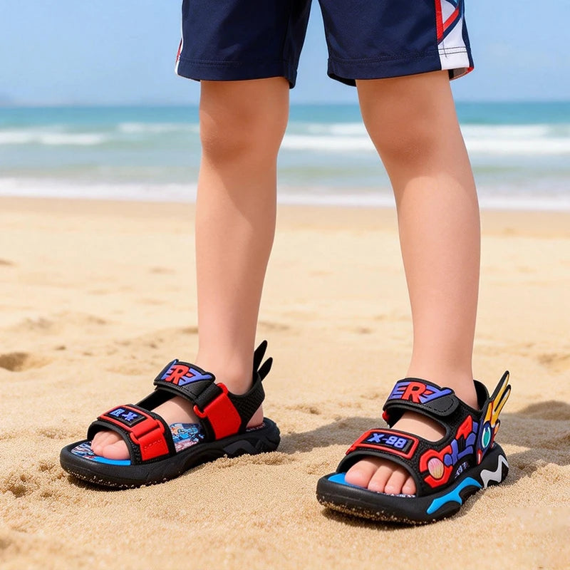 Kids Sandals for Boys 3-12 Year Old Soft Sole Anti Slip Cartoon Design Beach Outdoor Sandals
