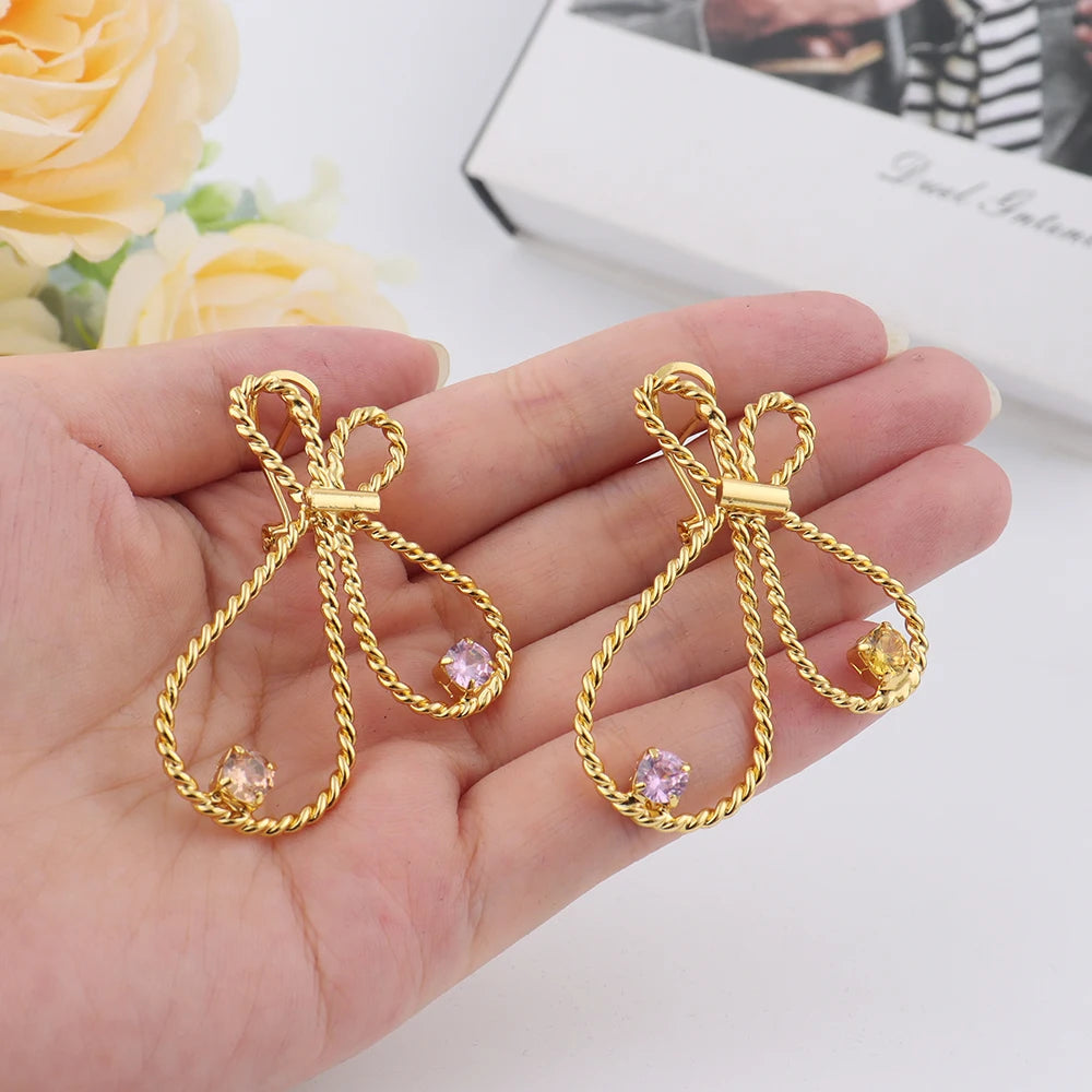 Fashion High Quality Gold Plated Women Jewelry Set Simple Lines Earrings Ring Colored Zircon Necklace Bangle For Wedding Party