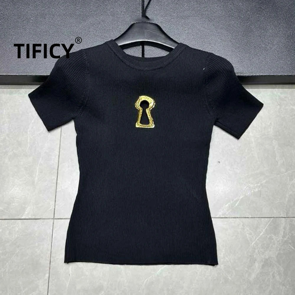 High Quality Summer New Hollowed Out Stand Up Collar Knitted Sweater Tshirt Women Commuting Slimming Sweater T-shirts Top