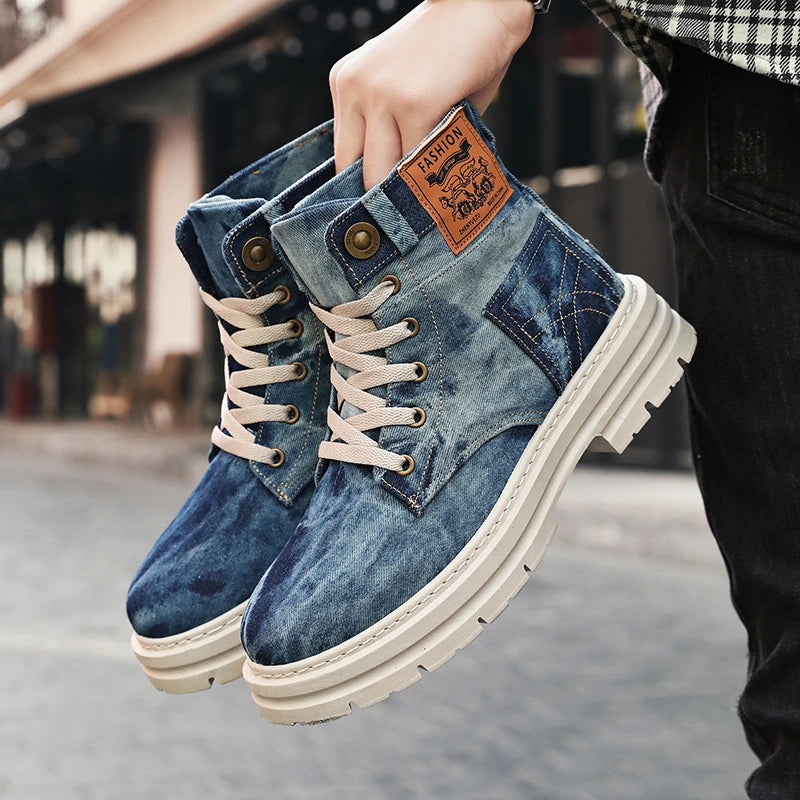 Men'S Denim High Top Boots Vintage Washed Blue Canvas Platform Shoes Lace Up Casual Combat Boots For Streetwear And All Seasons