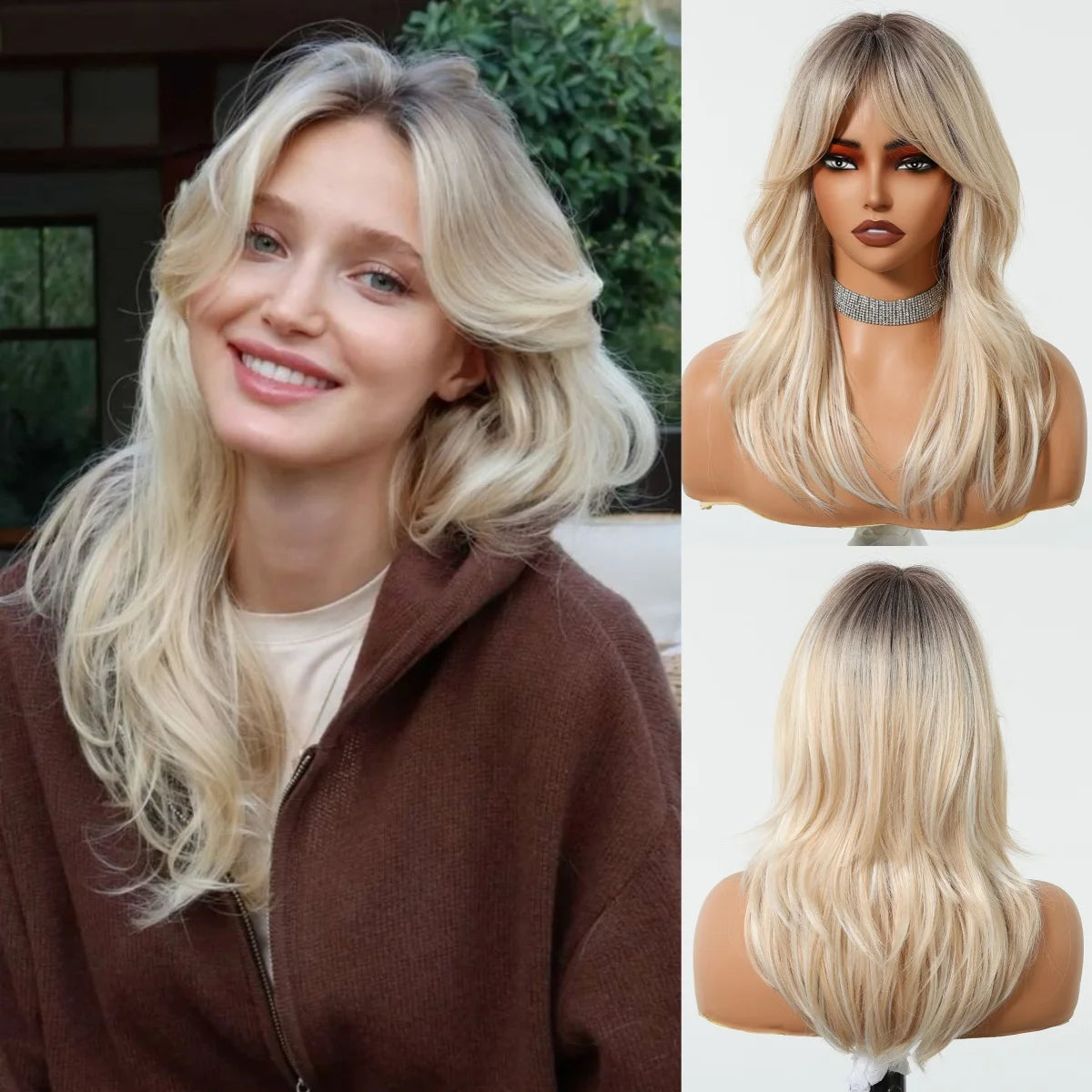Long Curly Wavy Brown Wigs Highlights Brown Hair Synthetic Wigs For Women Daily Middle Part Natural Looking Wig High Temperature
