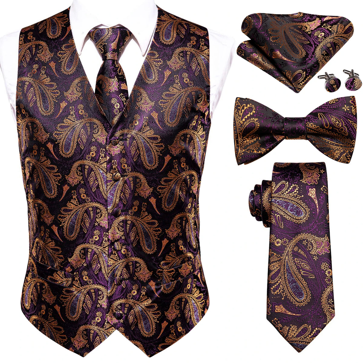 Luxury Gold Mens Suit Vest Red Blue Green Yellow Red Waistcoat Tie Bowtie Hanky Cufflinks Set Male Waist Jacket Wedding Office