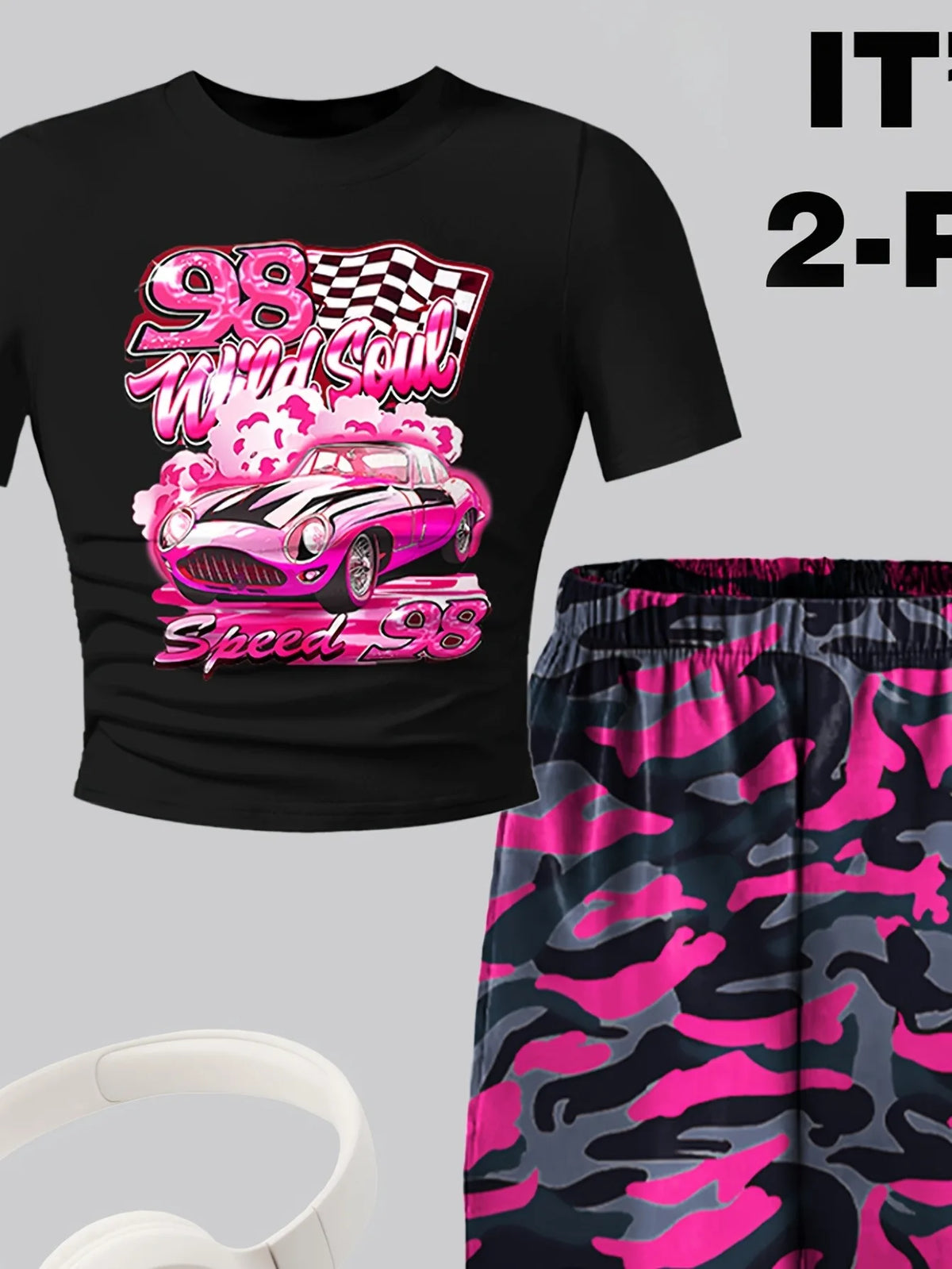 Kids Girls 2 Piece Racing Print Crop Tee & Pink Camo Jogger Pants Set Y2K Streetwear Casual Outfit