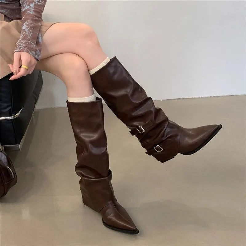 Designer Women's Boots Winter Cosy Pointed Toe Woman Shoes Fashion Sexy Knee-High Boots for Women Belt Buckle Thick Heel Boots