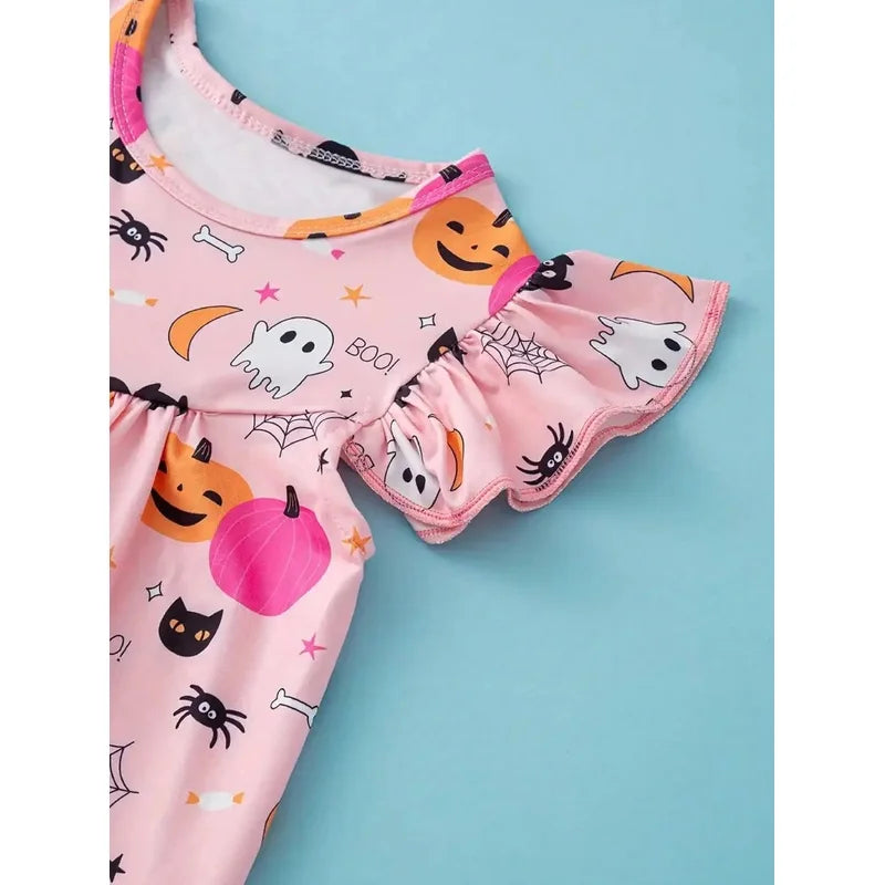 Children's Halloween Cartoon Print Dress Casual Elegant Fashionable round Neck Ruffled mid Length Skirt for Kids