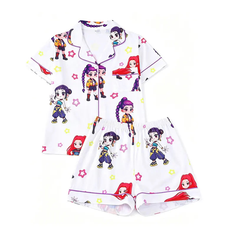 Kids K-Pop Cartoon Pajama Set Rumi Mira Zoe Korean Girl Print Lapel Top+Shorts 2pc Outfit Sleepwear Pyjamas Home Wear