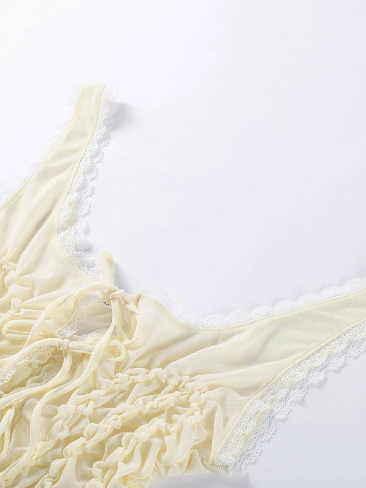 Sexy Lace Up Ruffles Vest Women See Through Hollow Out Slash Neck Solid Tops 2026 Spring Summer Chic Streetwear Clothes Lady