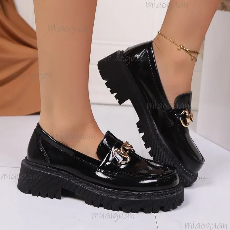 Fashion Metal Decoration Black Loafers Shoes for Women Non Slip Platform Casual Shoes Slip-on Office Ladies Footwear Size 35-43