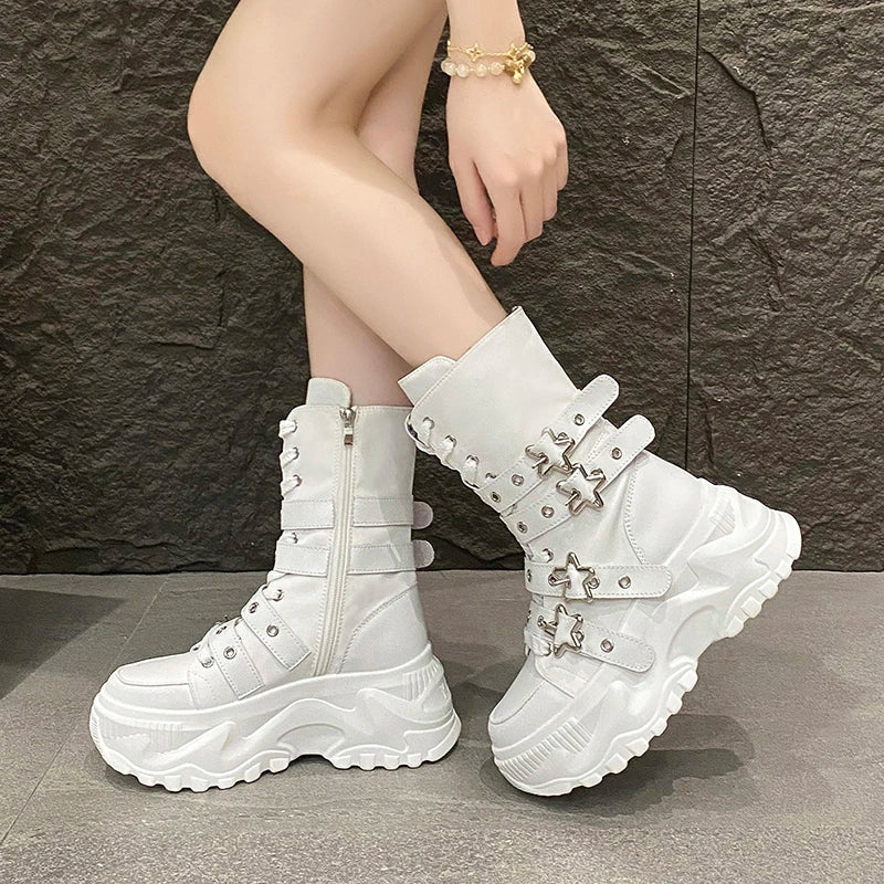 Women's Platform Boots New Round Head Belt Buckle Locomotive Boots European and American Thick-soled Boots for Women Botas Mujer