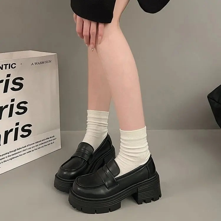 Women's Marry Jane Loafers Shoes Spring Autumn Platform Shoes Slip-on Loafers Fashion PU Leather Shoes Women Flats Black