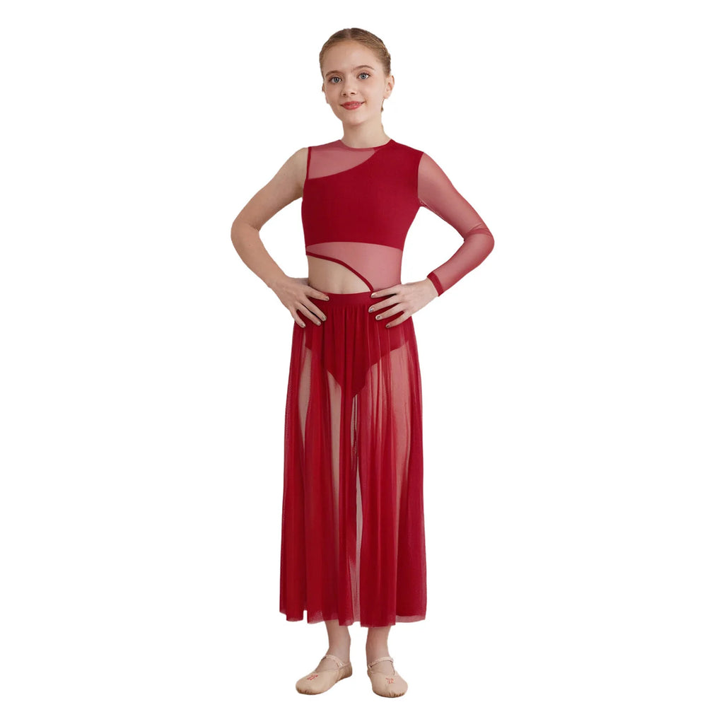 Kids Girls Modern Lyrical Dance Dress Round Neck Asymmetrical Cutout Patchwork Sides Split Sheer Mesh Leotard Dress Dancewear