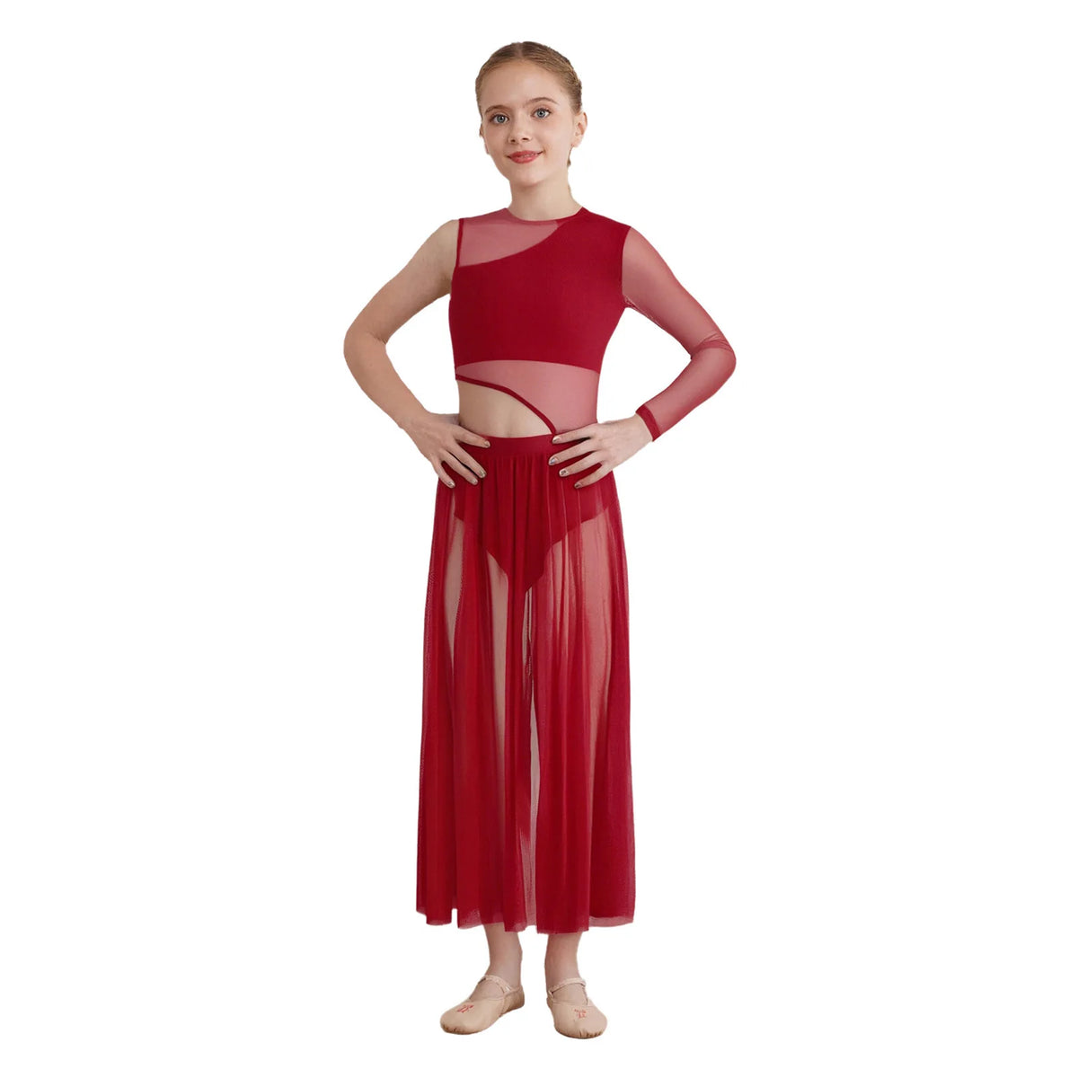Kids Girls Modern Lyrical Dance Dress Round Neck Asymmetrical Cutout Patchwork Sides Split Sheer Mesh Leotard Dress Dancewear