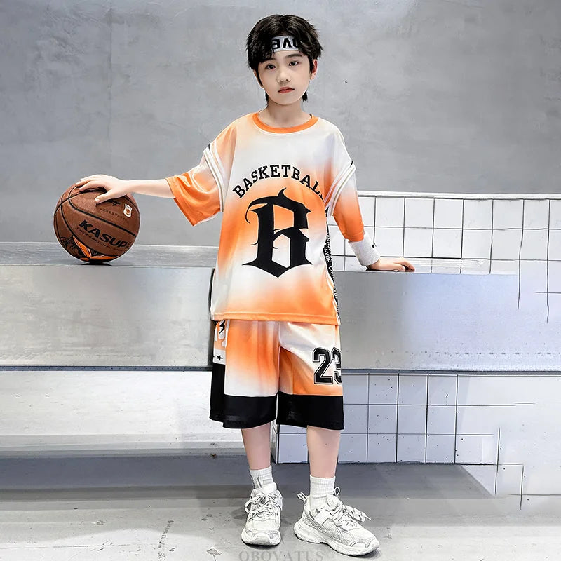 Child Boy Summer Sports Jerseys Suit T-shirt Shorts Tracksuit 2Pcs Clothes Set Teenage Kids Basketball Uniform Clothing Set 5-14