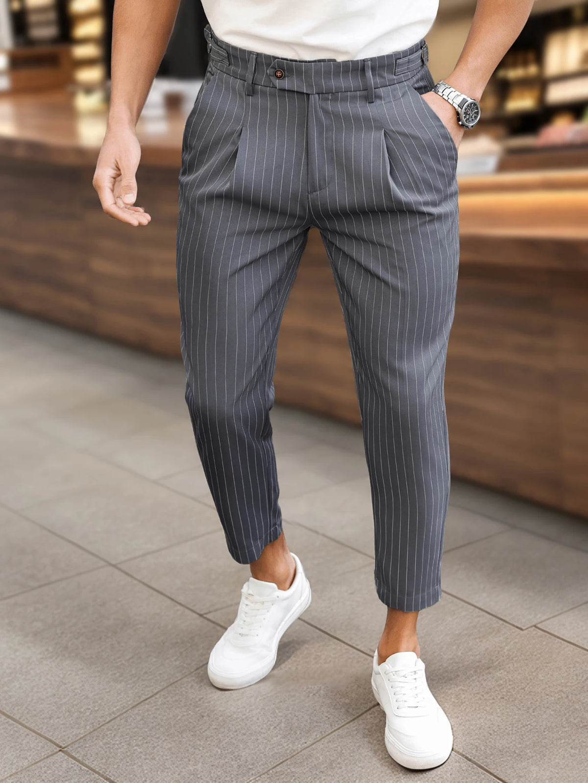 Men's Casual Vertical Striped Tapered Cropped Pants Gurkha High Waist Stretch Slim Fit Business Grey Navy Green Trousers