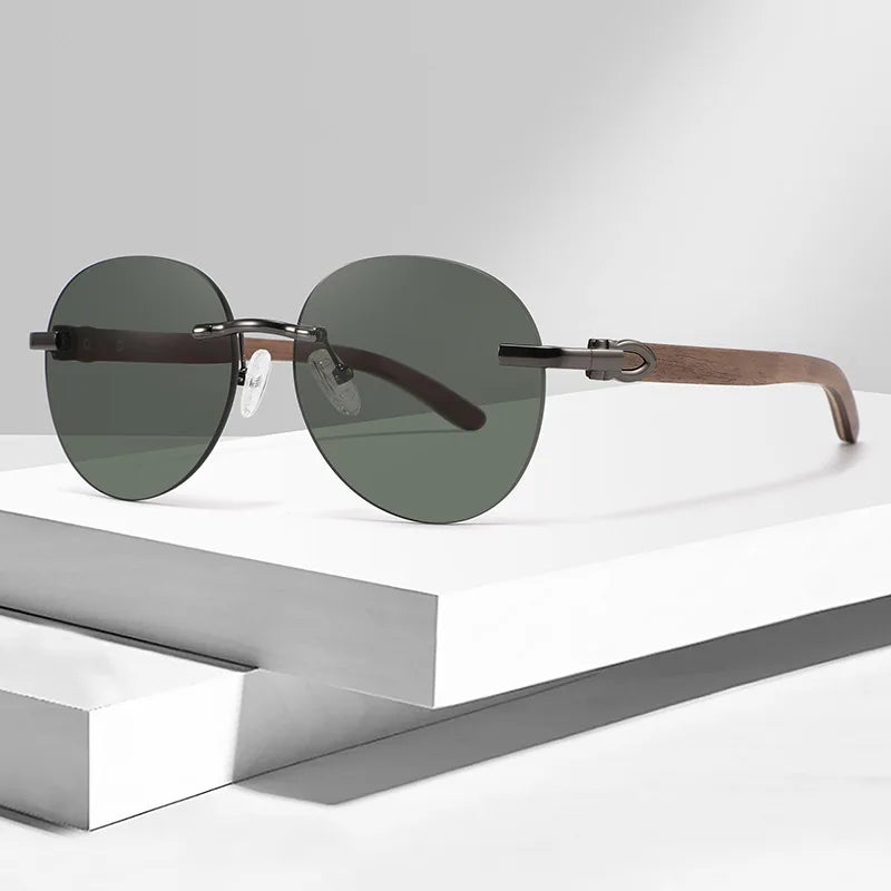 Premium Rimless Sunglasses for Men and Women, Wood Legs, Metal Frame, Fashion Sun Glasses