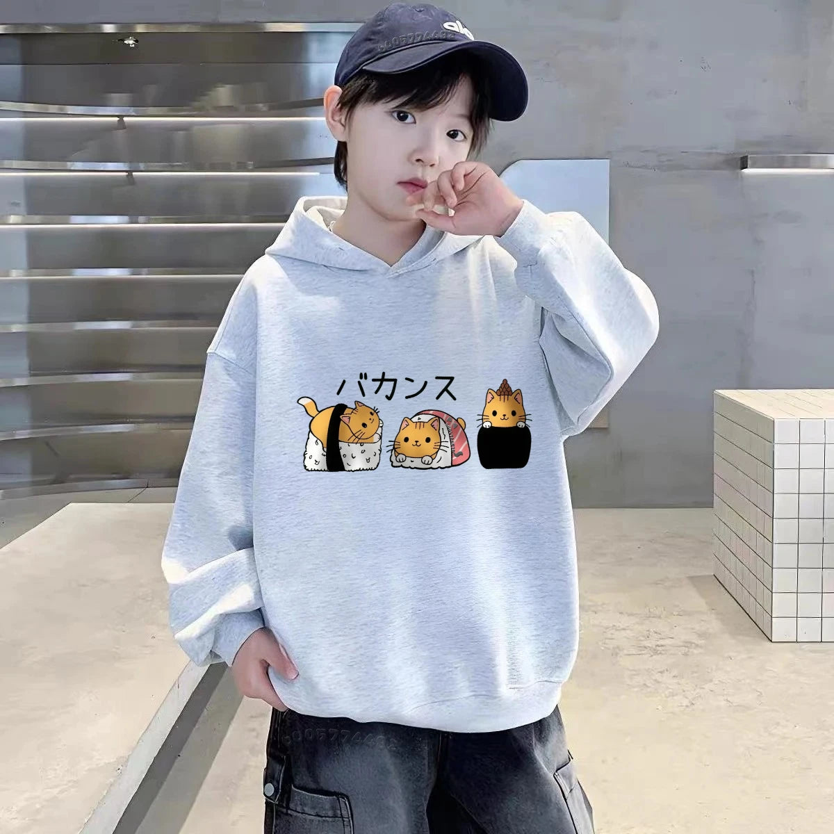 Autumn/Winter Children's Hooded Sweatshirt with Cute Cat and Sushi Print for Boys and Girls, Long-Sleeved Top Sweater