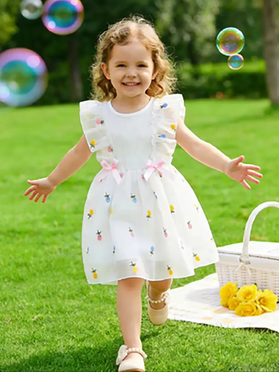 Kids' Forest-Style Flutter Sleeve Tulle Tutu Dress, Girls' Summer Fresh Fruit Print Dress