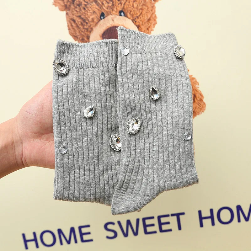 Women's Socks Korean Retro Cool Sweet Rhinestone Simple Versatile Shiny Comfortable High-quality Cotton Socks For Girl Wholesale
