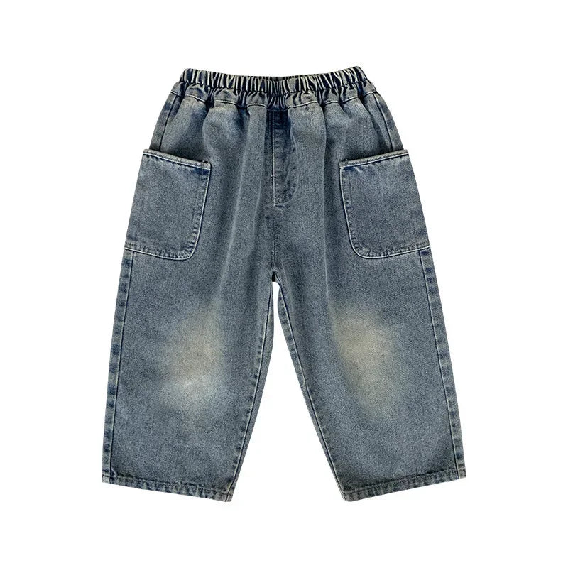 Boys Whiskered Casual Jeans, Childrens Spring Autumn New Pants, Small Medium Kids Trousers With Side Pockets for Daily Wear