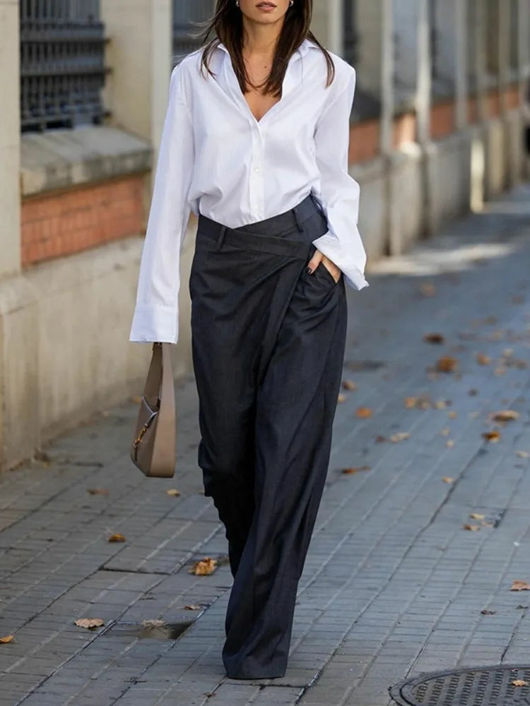Bonboho Women's Solid Color Commuter Pants 2025 Summer New High Waist Asymmetric Wide Leg Trousers Casual Streetwear Pants