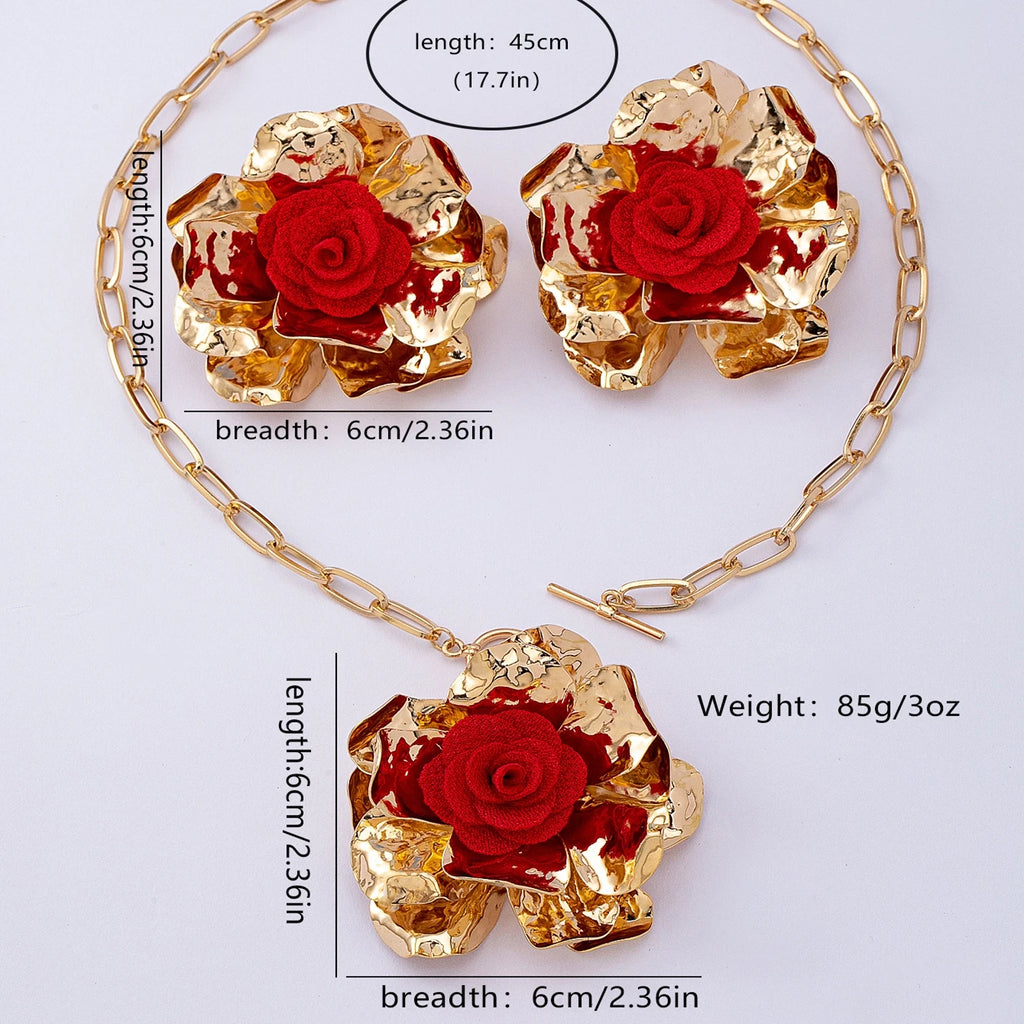 Women's Jewelry Set with Three-Dimensional Floral Fabric and Red Flower Centers, Exaggerated Jewelry Set Suitable for Daily Wear and Vacation