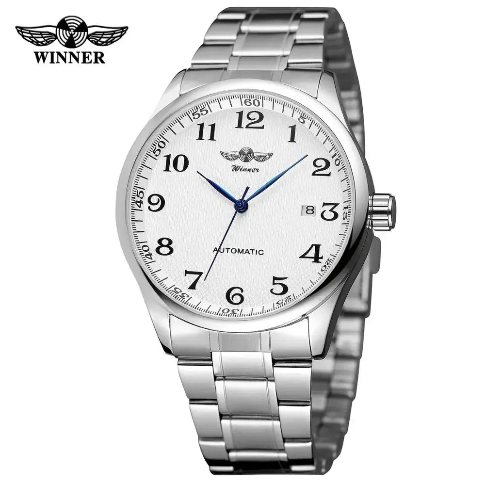 WINNER Watch Men Minimalist Business Watches Silver Stainless Steel White Dial Auto Date Automatic Mechanical Wristwatches Men