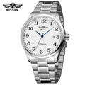 WINNER Watch Men Minimalist Business Watches Silver Stainless Steel White Dial Auto Date Automatic Mechanical Wristwatches Men