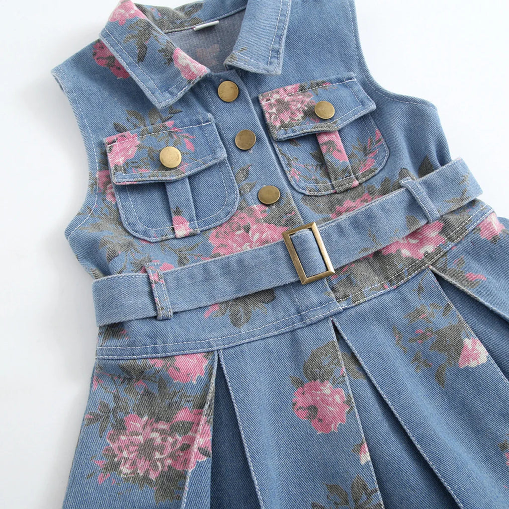 Kids Girls Floral Printed Denim Dress Summer Sleeveless Turn Down Collar Jean Vest Dress Fashionable Children Outfit