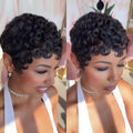 Women's Human Hair Pixie Cut Wig Full Machine Made - Short Layered Curly with Bangs, Natural Black 250% Density