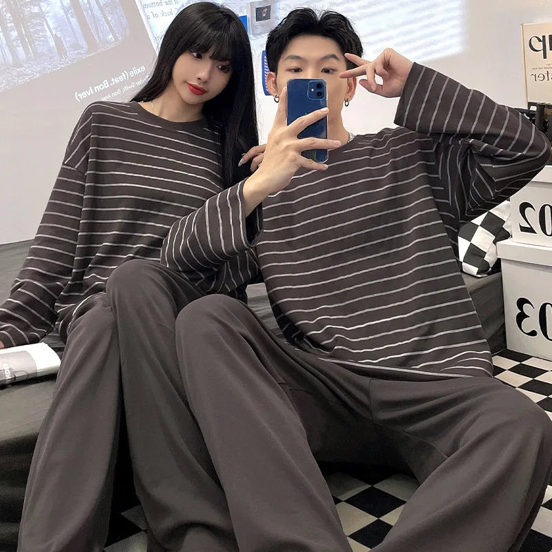 Cartoon Cute Pajamas Set For Women Men Cotton Couples Homewear Autumn Spring Long Sleep Tops Pant Nightwear Mujer hombre