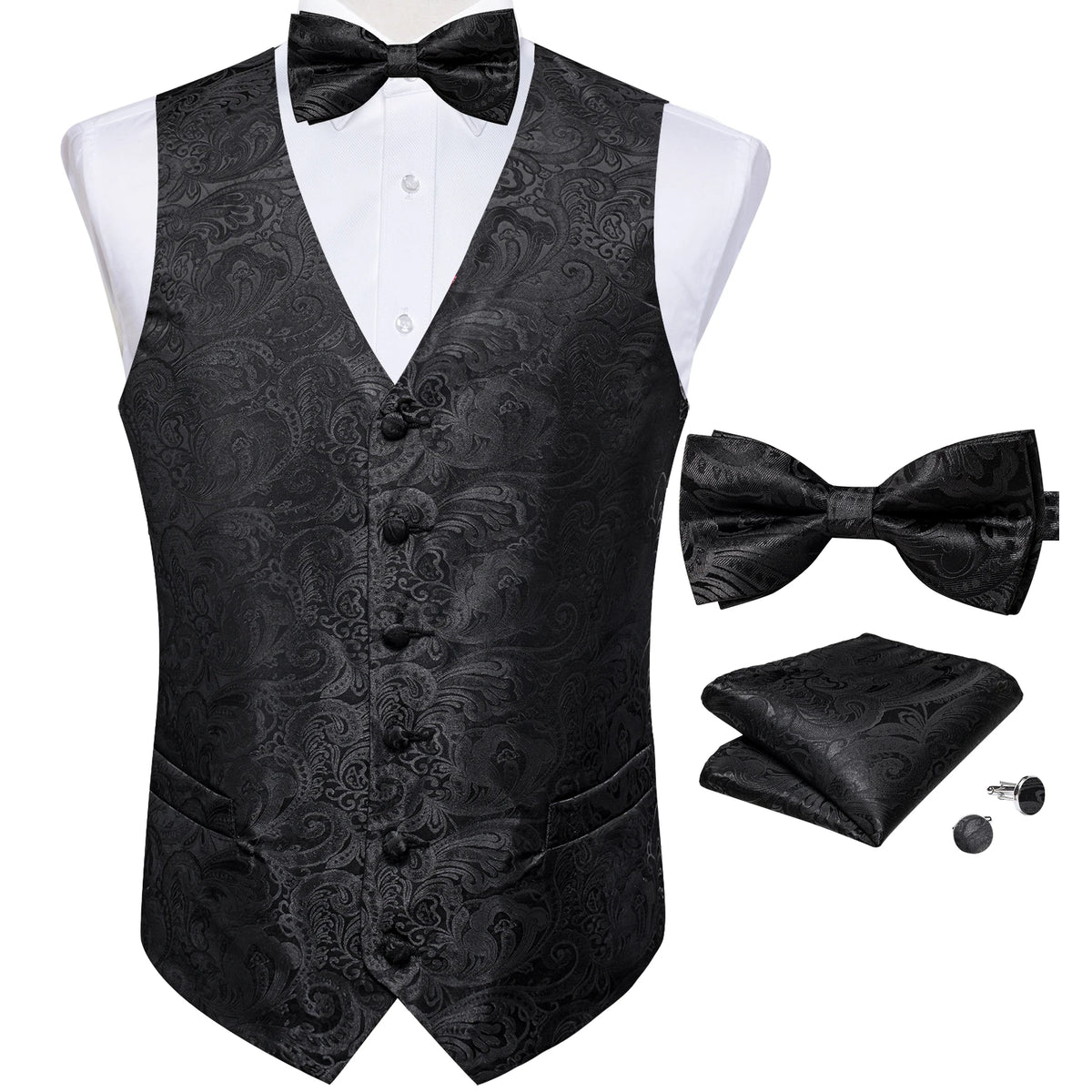 Wedding Classic Red Paisley Dress Vest for Man Fashion V-neck Luxury Men's Business Waistcoat Bowtie Pocket Square Cufflinks Set