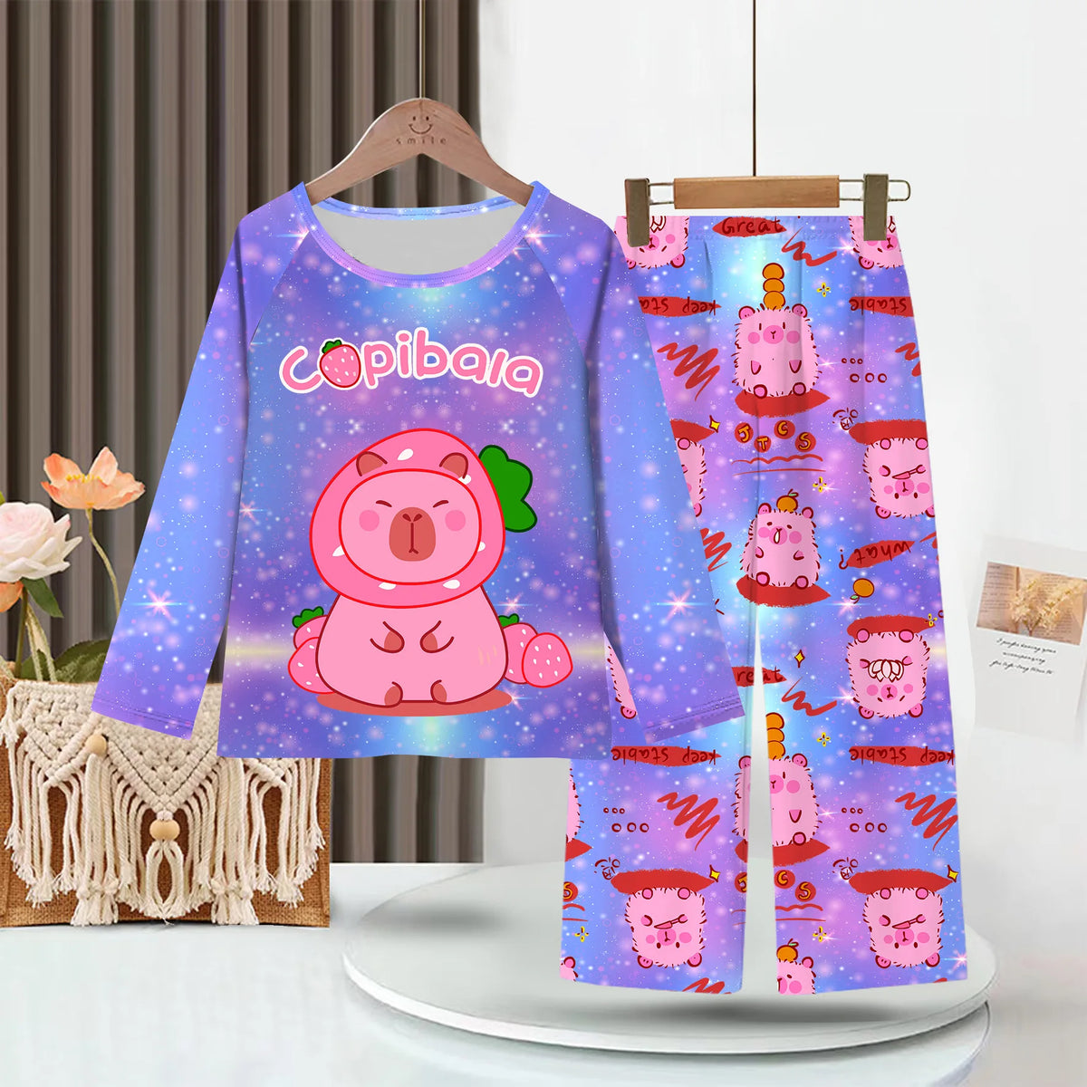 Capibara Kids Pajama Sets Long Sleeve Loungewear with Cute Animal Print Soft Sleepwear for Boys Girls Cartoon Sleepwear Outfit