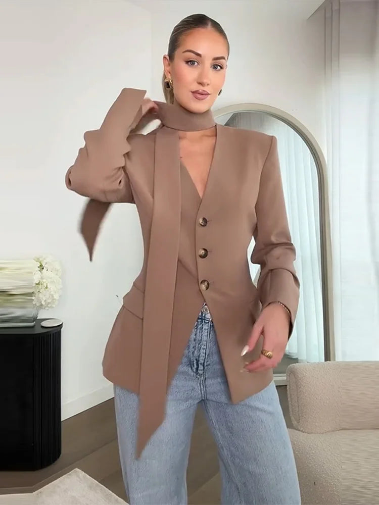 Solid Slim Women Blazer Coat Sexy V-neck With Scarf Long Sleeve Single-breasted Female Coats 2026 Spring Autumn Lady Jacket