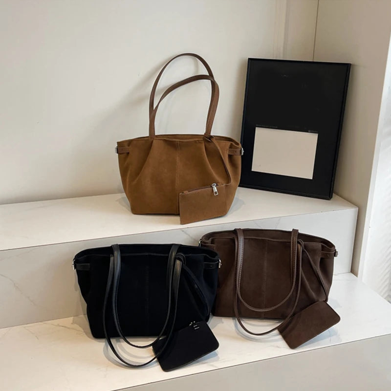 Suede Shoulder Bags for Women Large Suede Totes Lightweight Underarm Bag Casual Shopper Handbag Solid Color Travel Bucket Bags