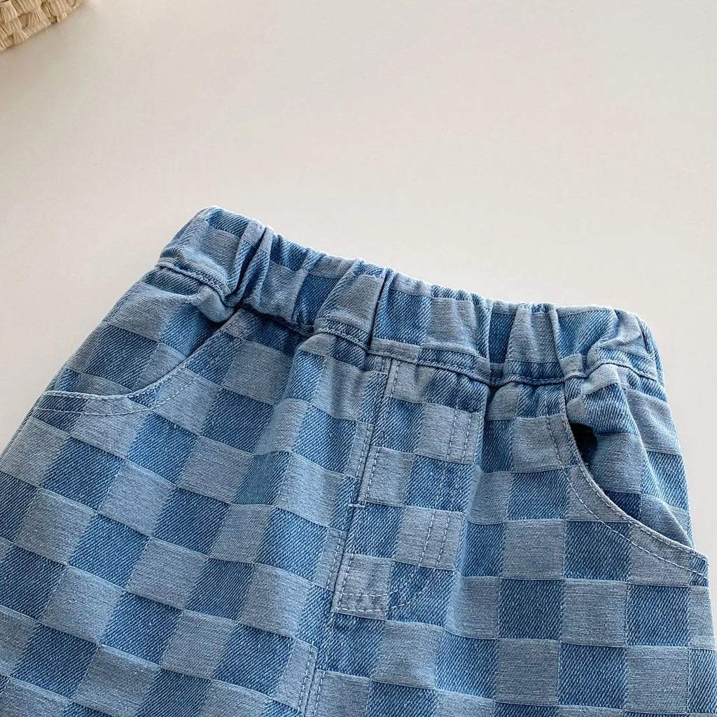 0-5 Y Little Kids Girls Boys Pants Korean Children's Clothes 2026 Cotton Checkered Soft Denim Jeans Stylish Comfortable Trousers