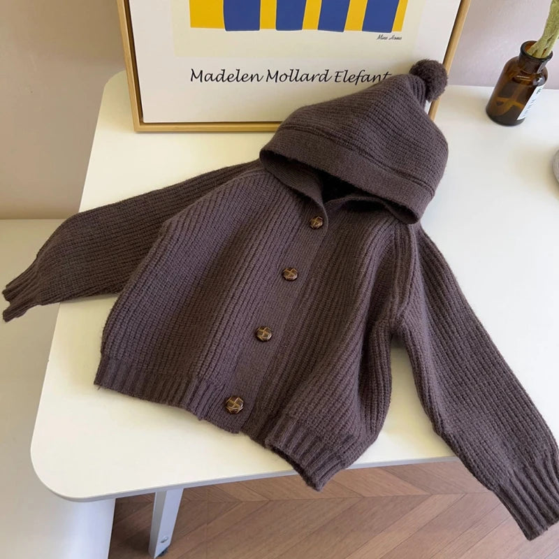 Children Knitted Sweaters Cardigan Autumn Winter Cute Solid Color Single-breasted Hooded Coat Baby Cardigan Boys Girls Sweaters