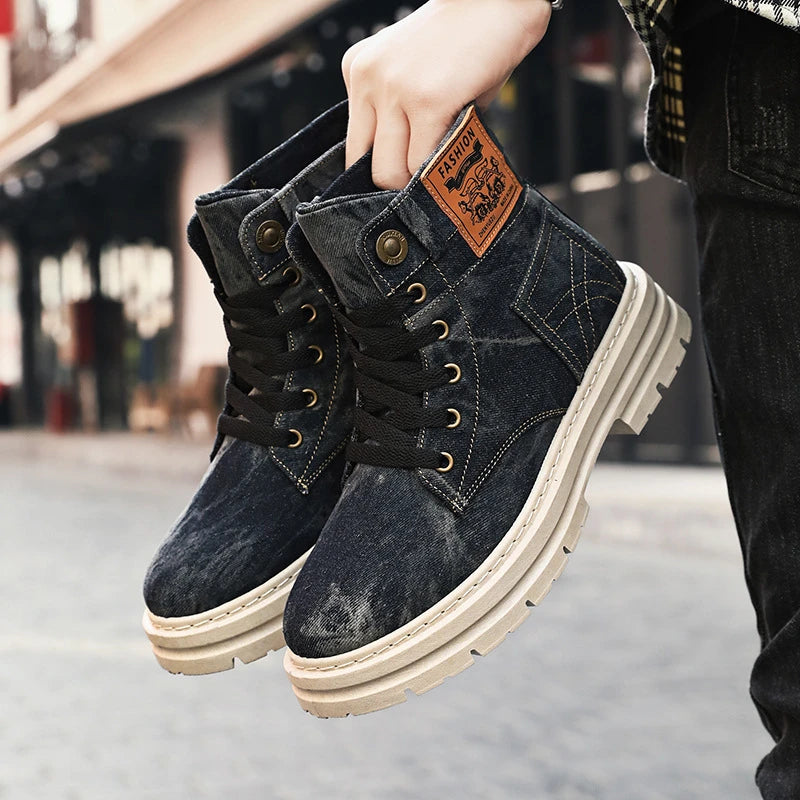 Men'S Denim High Top Boots Vintage Washed Blue Canvas Platform Shoes Lace Up Casual Combat Boots For Streetwear And All Seasons