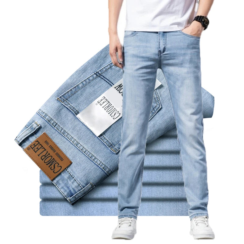 2026 Brand Top Classic Style Men Spring Summer Jeans Business Casual Light Blue Stretch Cotton Denim Male Trousers