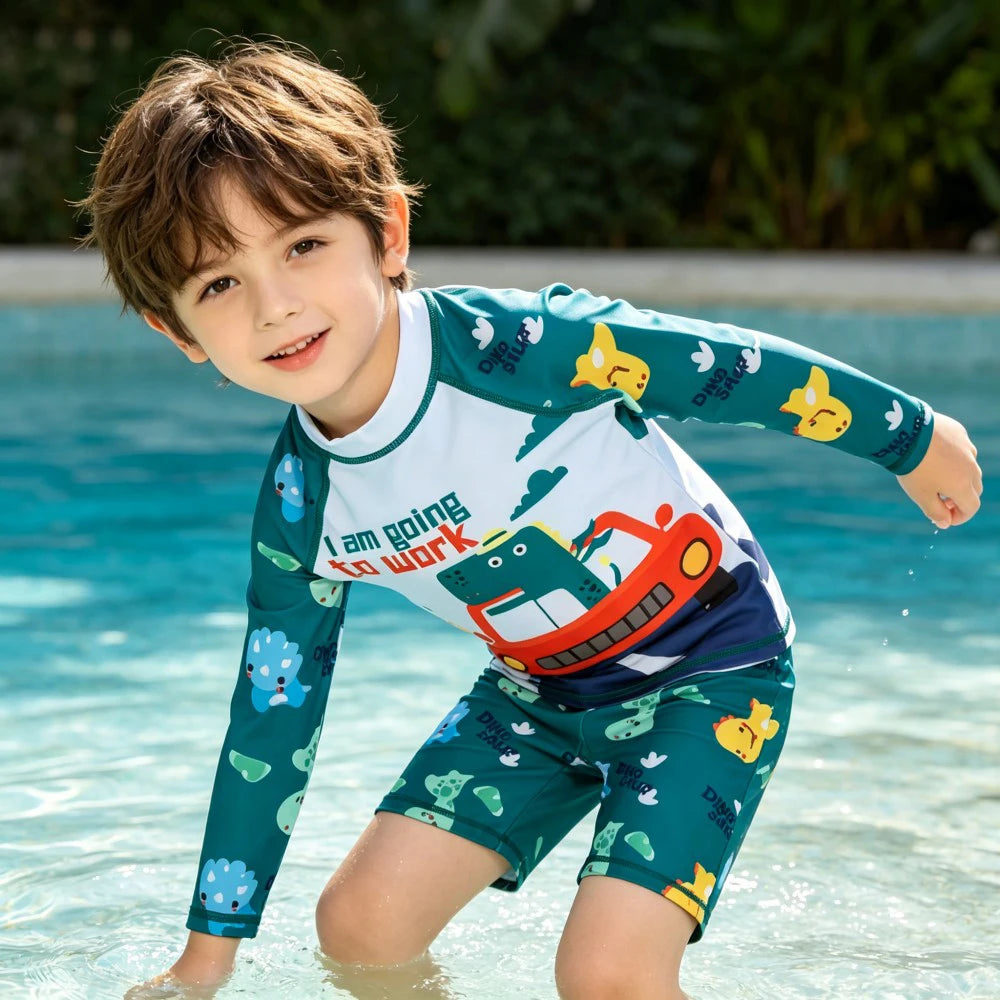 Kids Long Sleeve Swimwear Set 2Pcs Boys Girls Cartoon Swimsuit UV Protection Beachwear for Children Toddler Bathing Suit