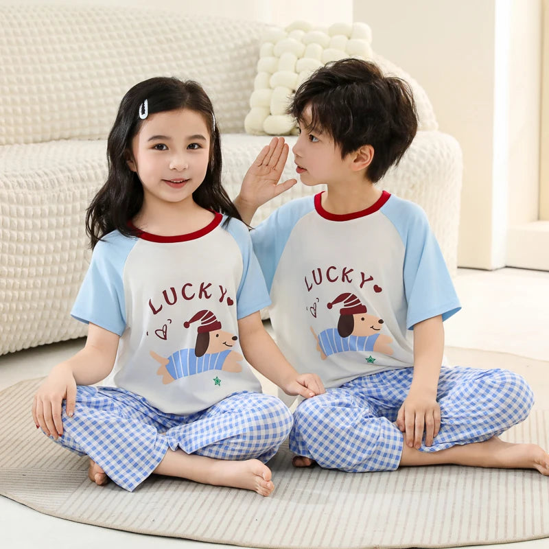 Kids Modal Pajamas Set, Short Sleeve Long Pants Cartoon Loungewear, Breathable Cool Soft Sleepwear For Boys Girls