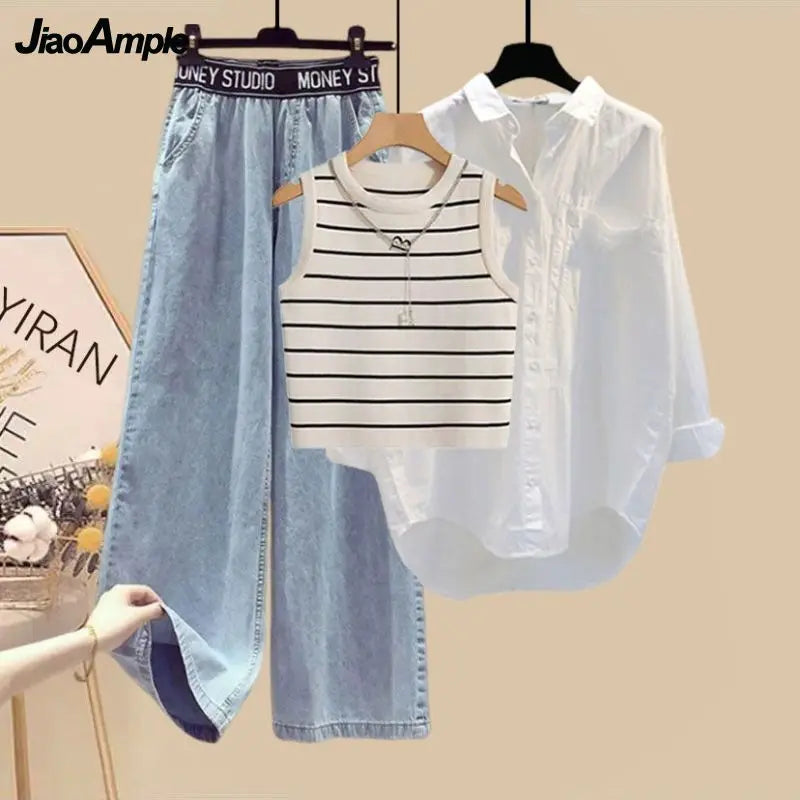 Women 2026 Spring Summer New Sunscreen Shirt+Striped Vest+Wide Leg Jeans 3 Piece Suit Korean Elegant Denim Pants Matching Set