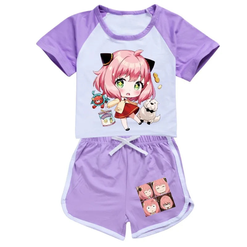 new Anime SPY×FAMILY Pajamas Children's Summer Clothing Anya Leisure Short Sleeve Round Neck T-shirt+shorts Set Kids Gift 2pcs