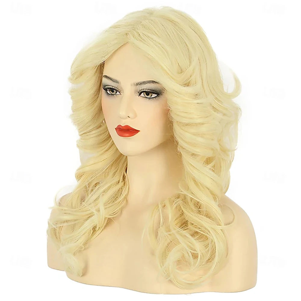 Synthetic Hair Women 70s Feathered Wig Long Blonde Wave Disco Singer Wig Vintage Costume Wig Halloween Party Costume Wig